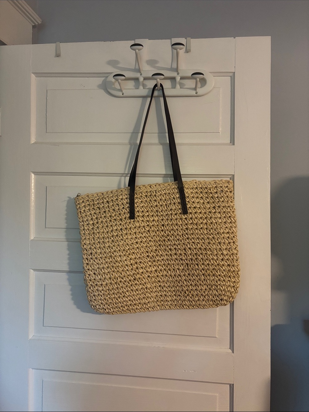 Woven Straw Tote Bag with Brown Faux Leather Handles